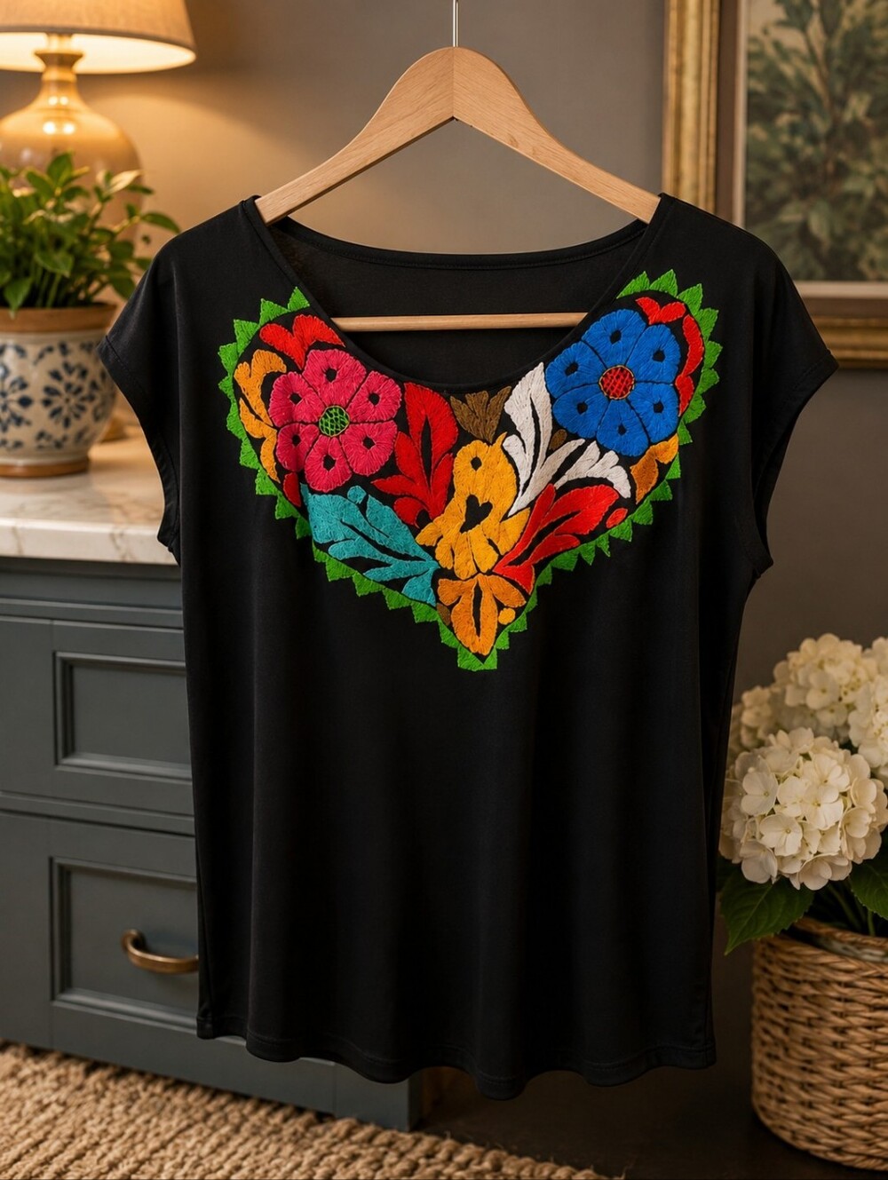 Black Women's Blouse with Multicolor Floral Embroidery